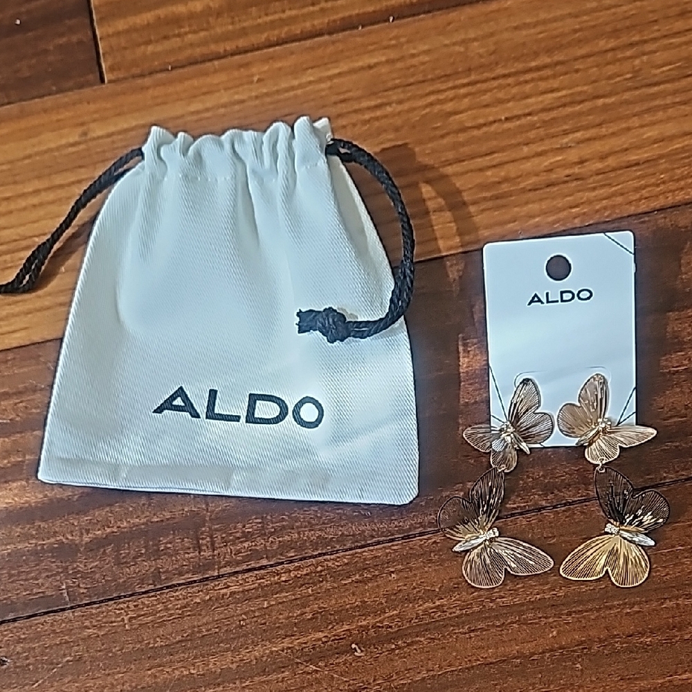 Aldo Gold Butterfly Drop Earrings Comes W Accessory Pouch - Picture 3 of 4